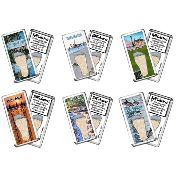 Tybee Island FootWhere Souvenir Fridge Magnets. 6 Piece Set. (TI200 - Assorted)