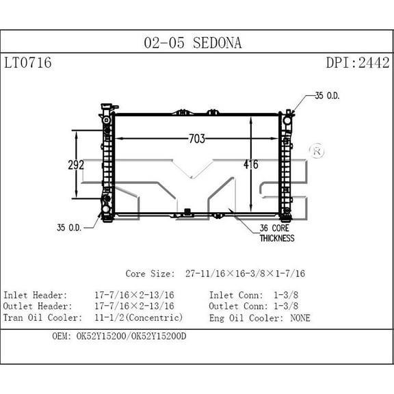Tyc 2442 Compatible With Fits/For Kia Sedona Replacement Radiator