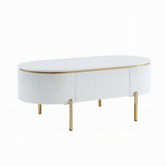 Tyce Oval Coffee Table with Drawer-47 Inch-Glossy White-Gold Metal