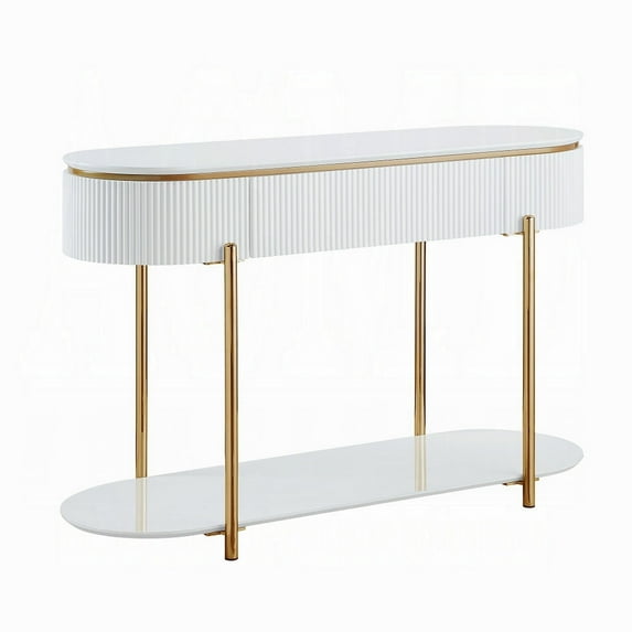 Tyce Sofa Table with Drawer-Shelf-47 Inch Glossy White-Gold Metal