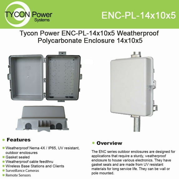 Tycon Systems ENc-PL-14x10x5 Polycarbonate Outdoor Enclosure - 14 x 10 x 5 in. Inside