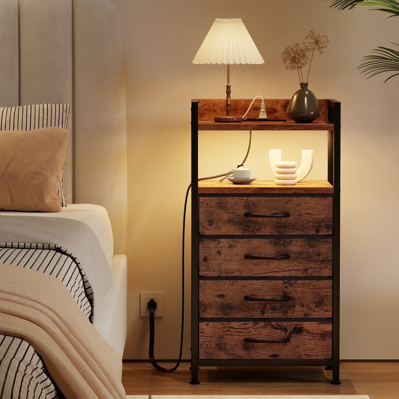 TYDIMOR 4 Drawers Vertical Dresser Bedroom Living Room Fabric Storage Tower Organizer, Rustic Brown  (图1)