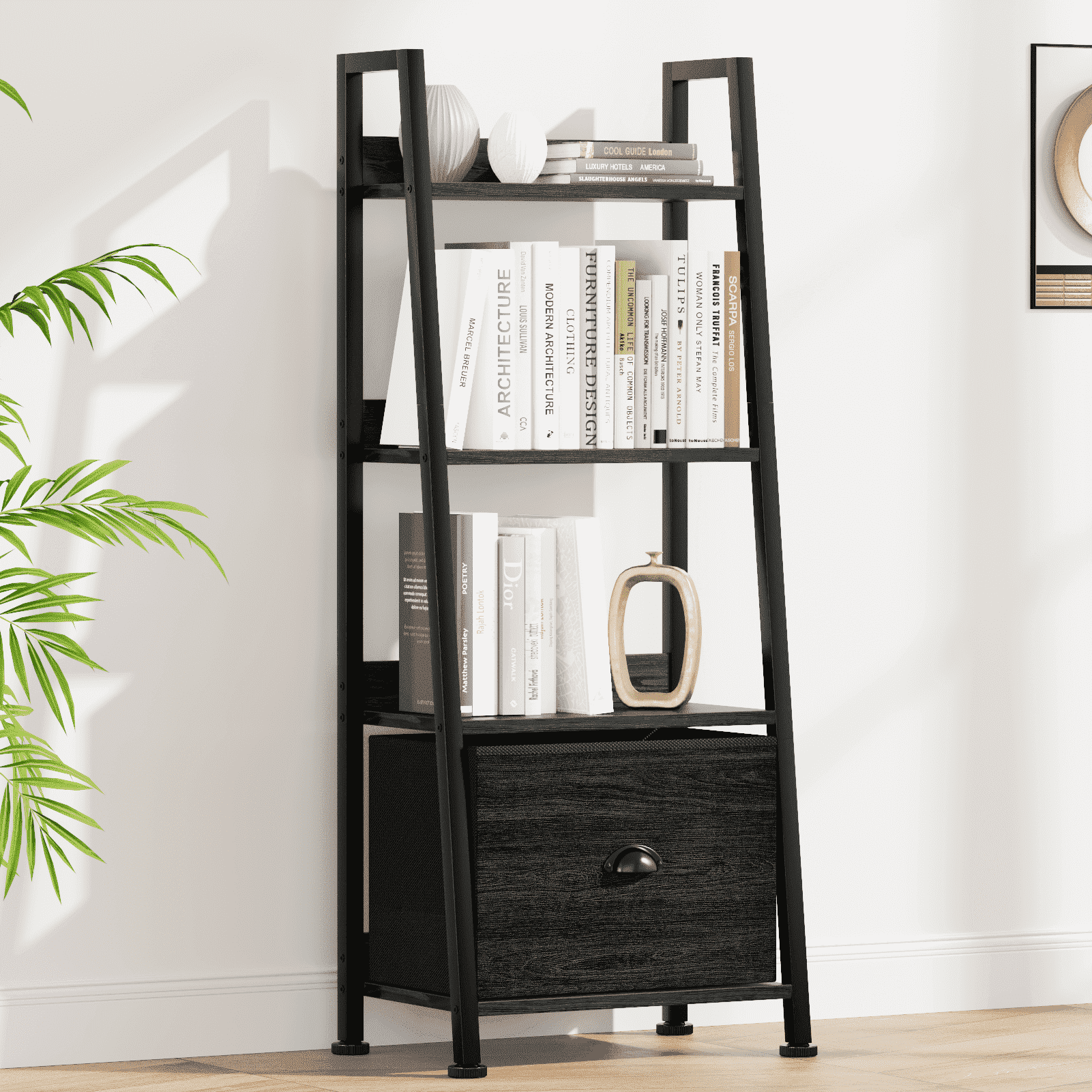 Tydimor 4 Tier Ladder Bookshelf With Drawer Leaning Bookcase Storage Display Shelf White