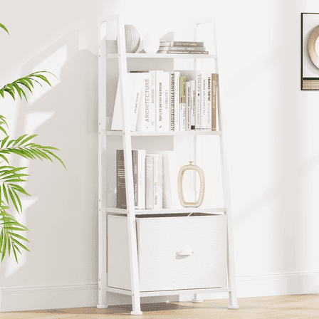 Tydimor 4-Tier Ladder Bookshelf With Drawer, Leaning Bookcase Storage Display Shelf, White