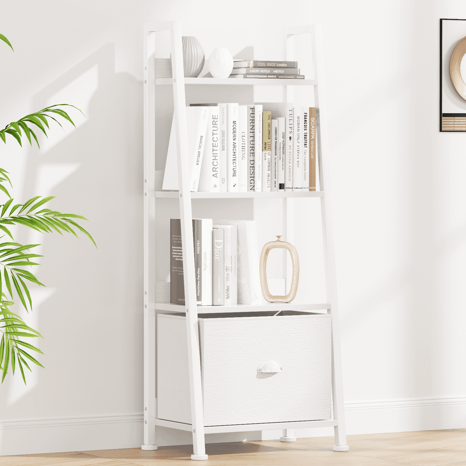 Tydimor 4 Tier Ladder Bookshelf With Drawer Leaning Bookcase Storage Display Shelf White