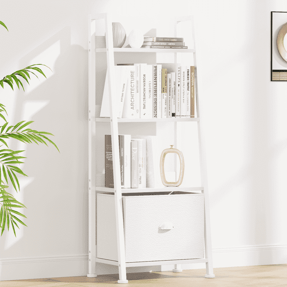 Tydimor 4-Tier Ladder Bookshelf With Drawer, Leaning Bookcase Storage Display Shelf, White