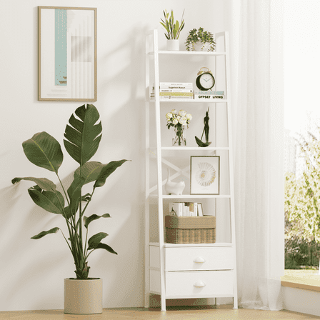 Tydimor 5-Tier 64"H Industrial Bookshelf with 2 Removable Drawers Narrow Bookcase for Living Room,White