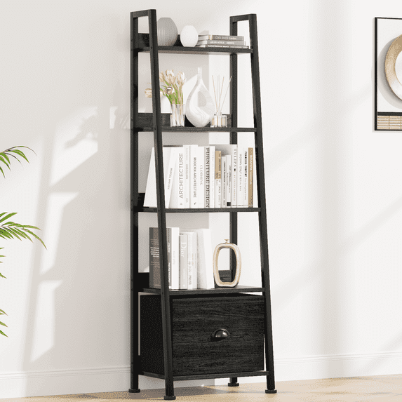 Tydimor 5-Tier Ladder Bookshelf With Drawer, Leaning Bookcase Storage Display Shelf, Black Oak