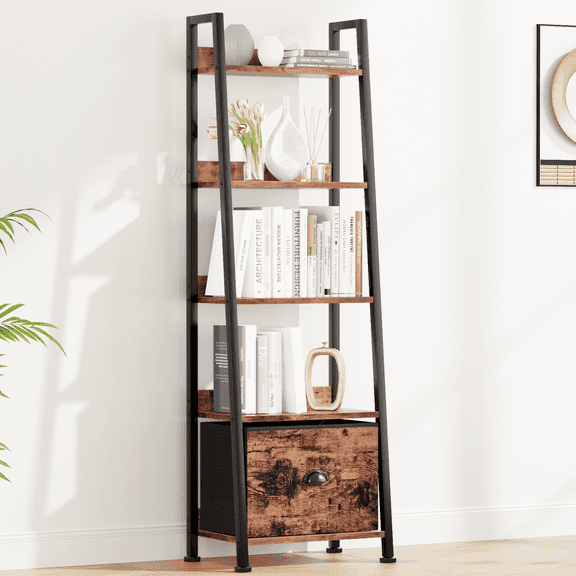 Tydimor 5-Tier Ladder Bookshelf With Drawer, Leaning Bookcase Storage Display Shelf,Rustic Brown