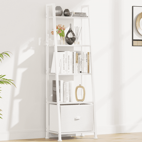 Tydimor 5-Tier Ladder Bookshelf With Drawer, Leaning Bookcase Storage Display Shelf, White