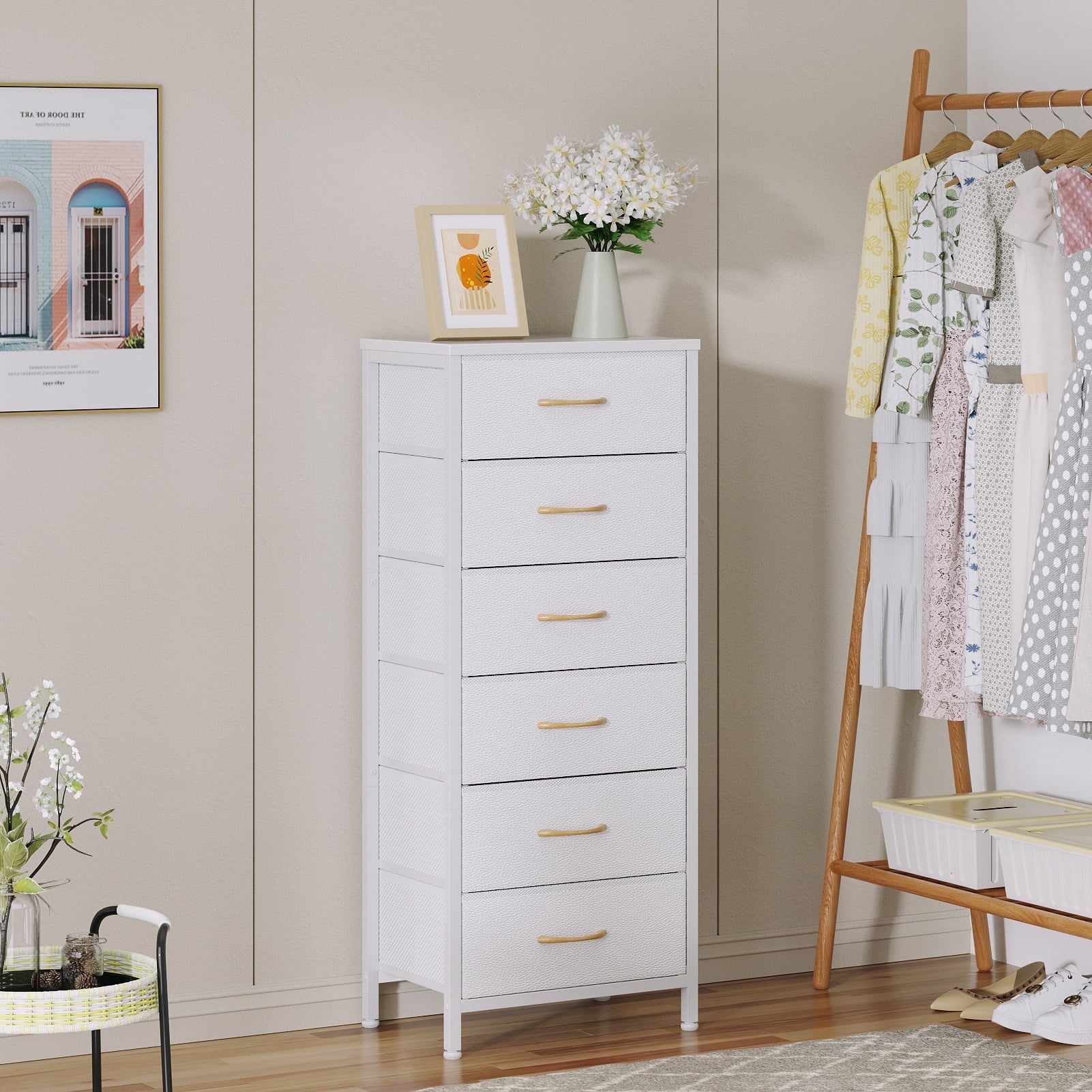 Tydimor 6 Drawer Dresser,Chest of Drawers for Bedroom Tall Fabric Dresser,White