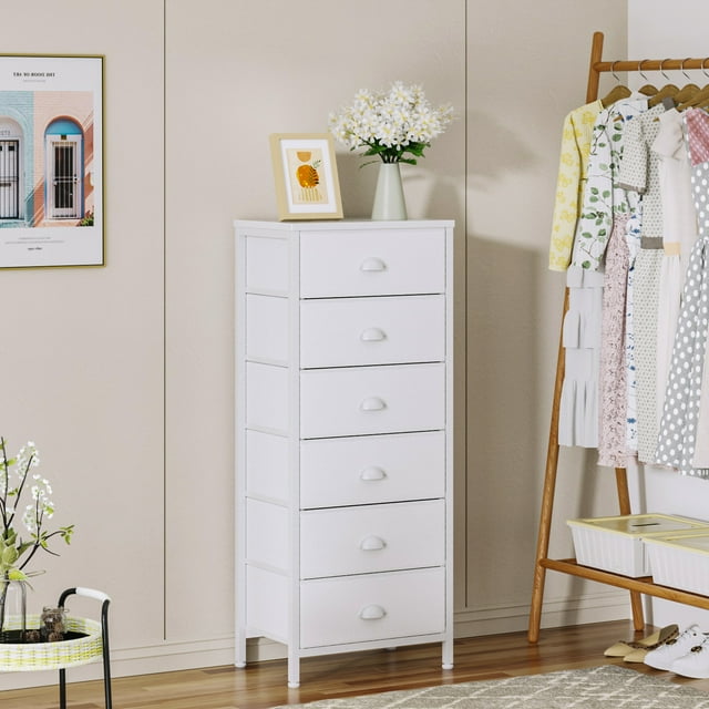 Tydimor 6 Drawer Dresser,Chest of Drawers for Bedroom Tall Fabric Dresser,White
