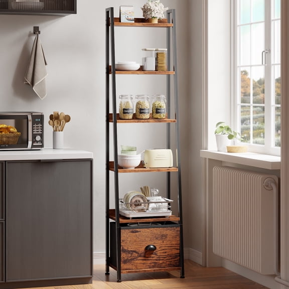 Tydimor 6-Tier Leaning Ladder Bookshelf with Foldable Fabric Drawer, Rustic Brown Leaning Bookcase with Adjustable Foot, Storage Shelves for Home Office Living Room Bedroom