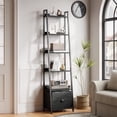 thumbnail image 1 of Tydimor 6-Tier Leaning Ladder Bookshelf with Removable Fabric Drawer, Black Oak Bookcase with Backboard Protection, Waterproof Anti-Scratch Storage Shelf for Living Room Bedroom Home Office, 1 of 8