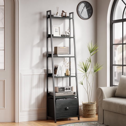 Tydimor 6-Tier Leaning Ladder Bookshelf with Removable Fabric Drawer, Black Oak Bookcase with Backboard Protection, Waterproof Anti-Scratch Storage Shelf for Living Room Bedroom Home Office