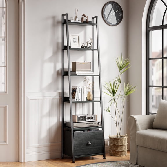 Tydimor 6-Tier Leaning Ladder Bookshelf with Removable Fabric Drawer, Black Oak Bookcase with Backboard Protection, Waterproof Anti-Scratch Storage Shelf for Living Room Bedroom Home Office