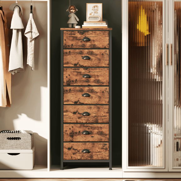 Tydimor 7-Drawer Tall Dresser Bedside Fabric Nightstand with Storage,Rustic Brown