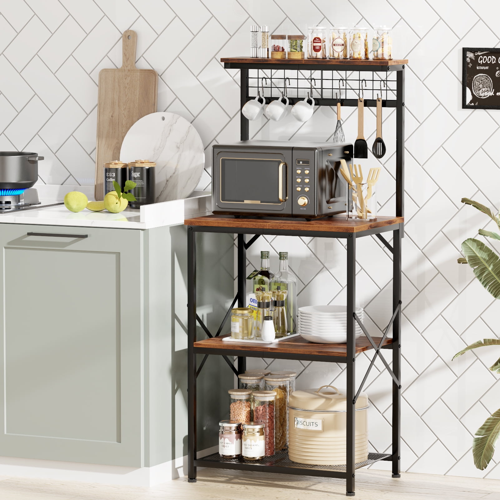 TYDIMOR Baker's Rack with Hutch, Microwave Stand Kitchen Organizer 4 Tier Storage Shelf for Kitchen Home Office