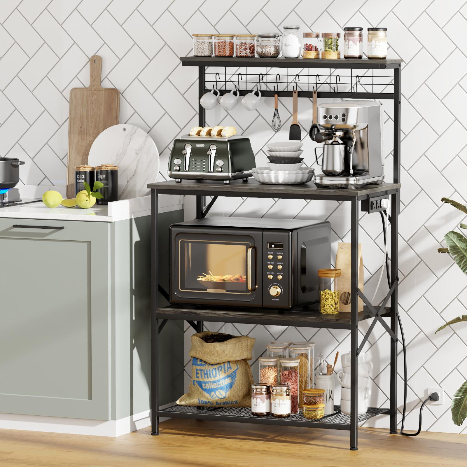Tydimor Bakers Rack with 8 Hooks, Kitchen Microwave Stand, 4-Tier ...