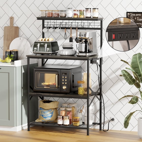 Tydimor Baker's Rack with Power Outlet, Kitchen Microwave Stand, 4-Tier Coffee Bar Table, Space-Saving Kitchen Storage Shelf, Light Black Oak