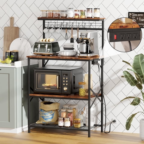 Tydimor Baker's Rack with Power Outlet, Kitchen Microwave Stand, 4-Tier Coffee Bar Table, Space-Saving Kitchen Storage Shelf, Rustic Brown