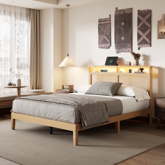 Tydimor Bed Frame with Headboard & LED Light, Rattan Queen Beds with Charging Station and Bookcase Storage Shelf, No Box Spring Needed