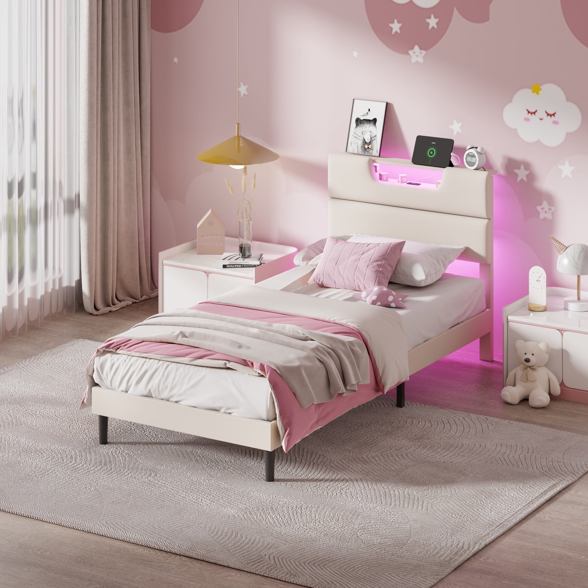 Tydimor Beige Fine Linen Fabric Bed Frame with LED Lights & Charge Station, Twin Size Bed Frame with Upholstered Headboard, No Box Spring Needed