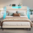 thumbnail image 1 of Tydimor Beige Fine Linen Fabric Bed Frame with Upholstered Headboard & Charge Station, King Size Bed Frame with LED Lights, No Box Spring Needed, 1 of 8