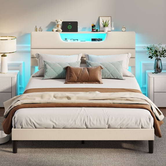 Tydimor Beige Fine Linen Fabric Bed Frame with Upholstered Headboard & Charge Station, King Size Bed Frame with LED Lights, No Box Spring Needed