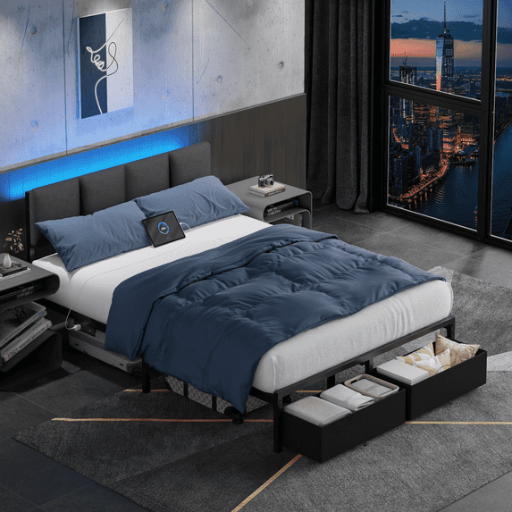 Tydimor Black Full Upholstered Metal Bed Frame with LED Lights, 2 Storage Drawers and Charging Station