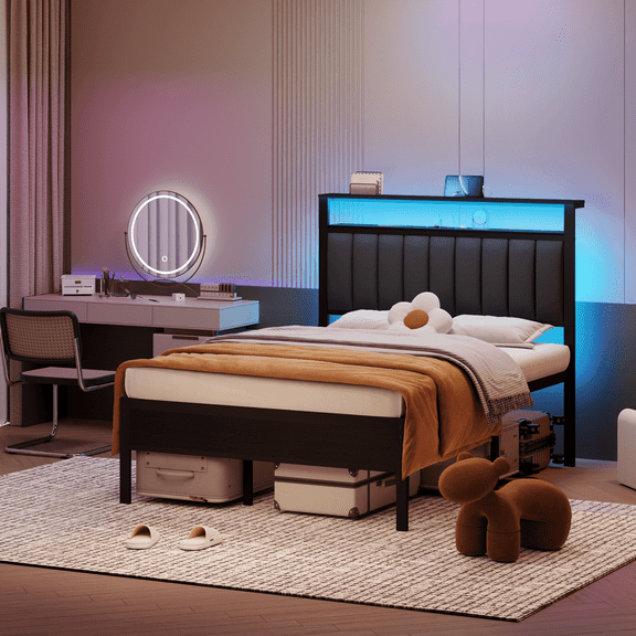 Tydimor Electric Full Size Platforrm Bed Frames with Charging Station, LED Standard Storage Space Bed for Bedroom, No Box Spring Needed