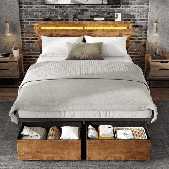 Tydimor Full Size Bed Frame with 2 Drawers & LED Lights & Charging Station, Beds with Headboard & 10.10" Under Bed Storage, No Box Spring Needed, Easy Assembly, Rustic Brown