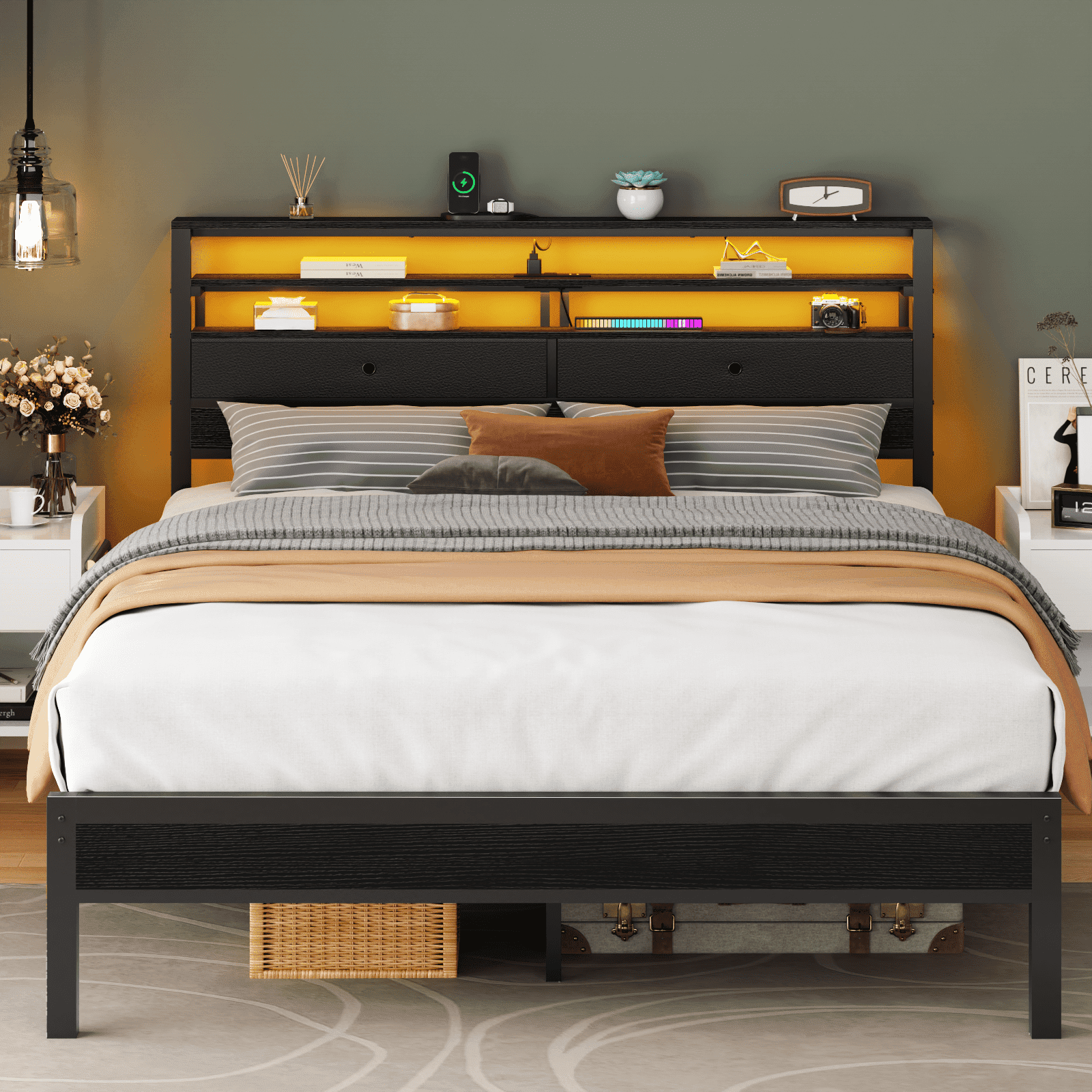 Tydimor Full Size Bed Frame with 2 Storage Drawers Headboard, LED & Charging Station, Black oack