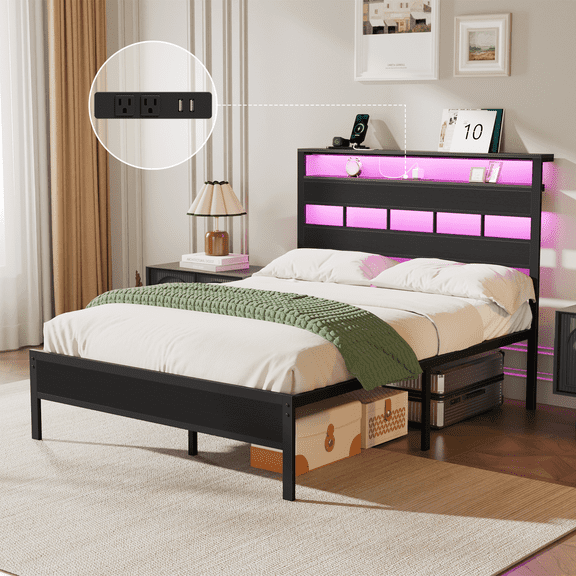 Tydimor Bed Frames Full No Sound with Storage Underbed & Headboard, Cama Full Size Bed Frame with Lights, Niose Free
