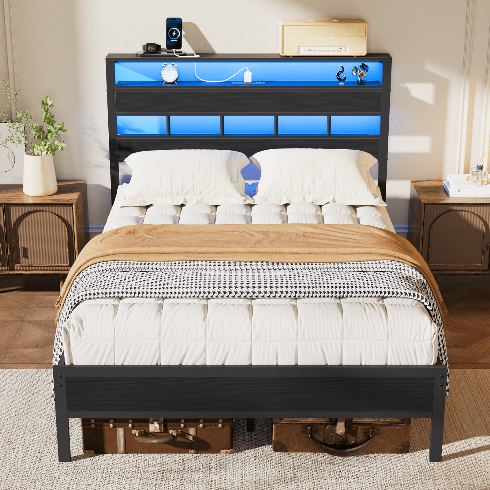 Tydimor Bed Frames Full No Sound with Storage Underbed & Headboard, Cama Full Size Bed Frame with Lights, Niose Free