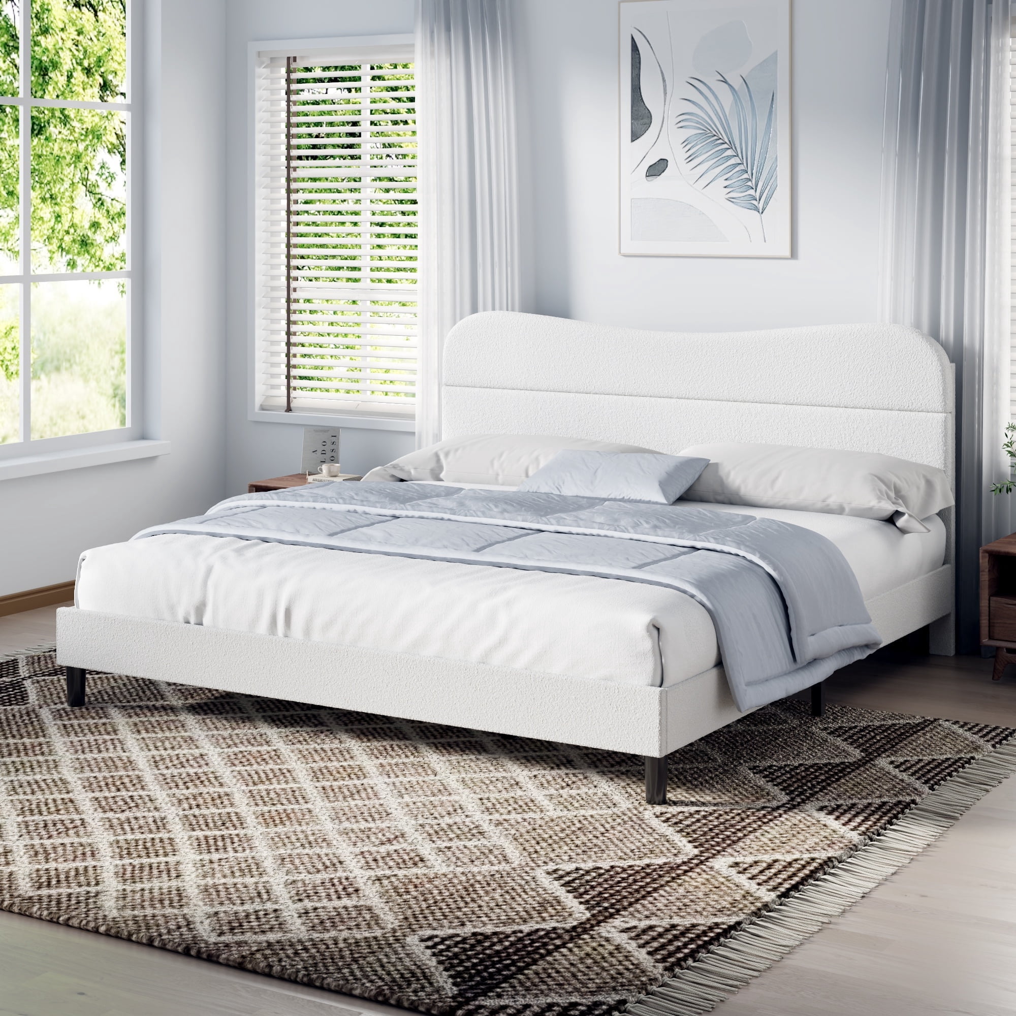 Tydimor King Bed Frame with Teddy Velvet Soft Curved Headboard, Platform Bed Easy Assembly, Noise-Free, White