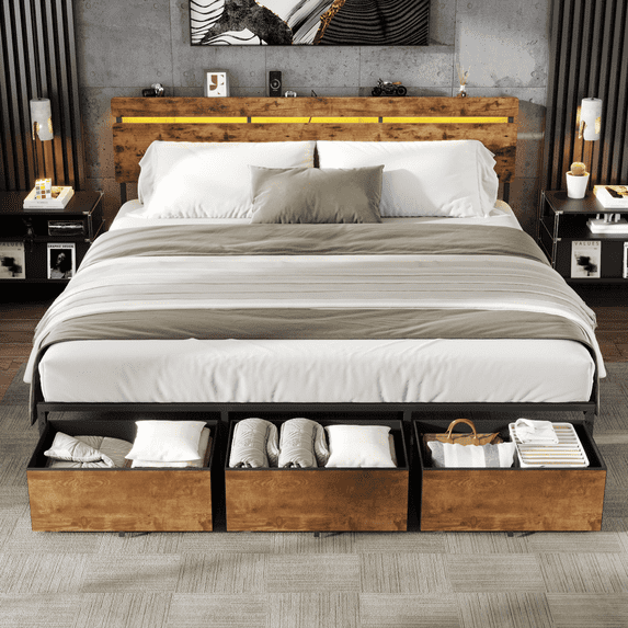 Tydimor King Size Bed Frame with 3 Drawers & LED Lights & Charging Station, Beds with Headboard & 10.10" Under Bed Storage, No Box Spring Needed, Easy Assembly, Rustic Brown