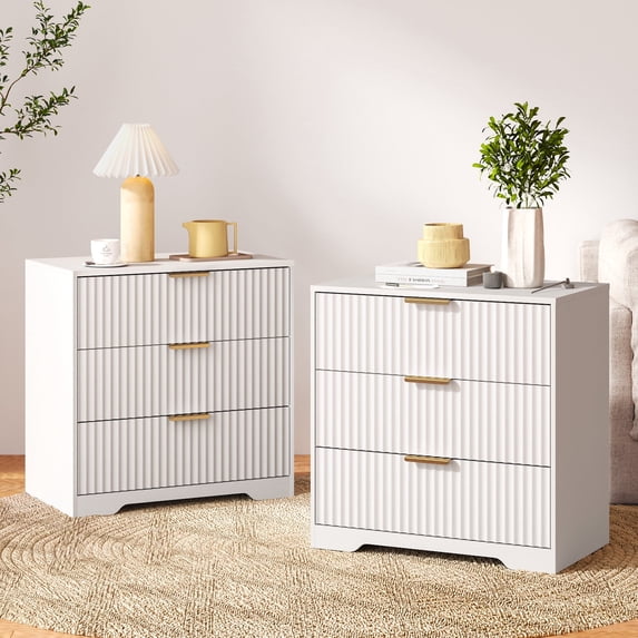 Tydimor Modern Bedside Table with 3 Drawers, Nightstands with Fluted Panels and Gold Handles, Wooden Texture Accent Storage Cabinets for Bedroom, Living Room, White, Set of 2