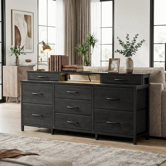 Tydimor Modern Dressers for Bedroom, Wide Chest with 9 Fabric Drawers for Living Room, Black Oak