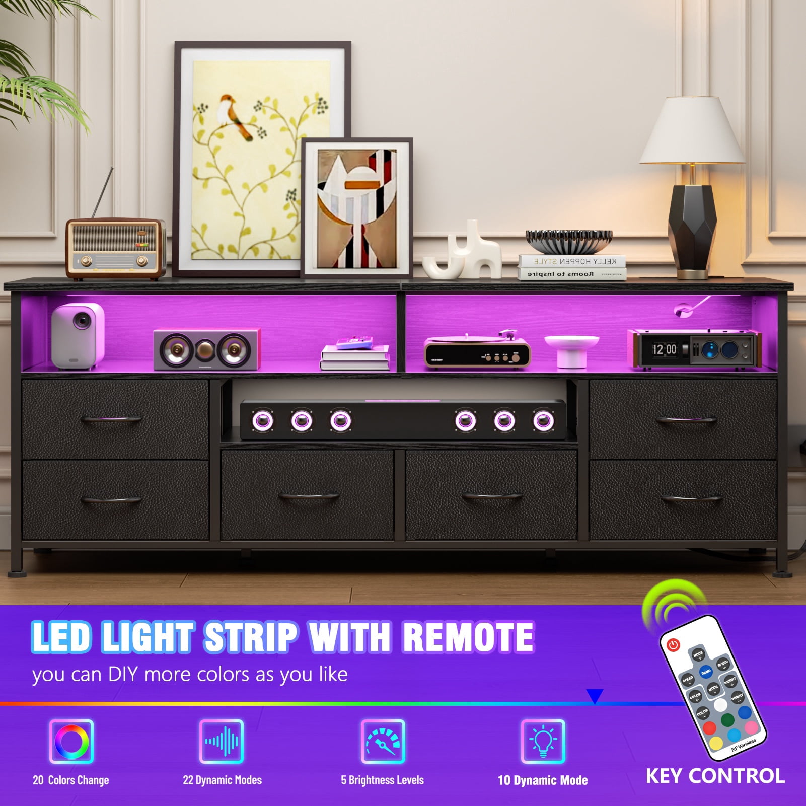 Tydimor 6-Drawer Fabric Dresser with LED Lights & Outlet, TV Stand with 3 Open Compartments, Metal Frame Anti-Tip Design, Fits 32"-70" TVs, for Bedroom or living room, Black (55")