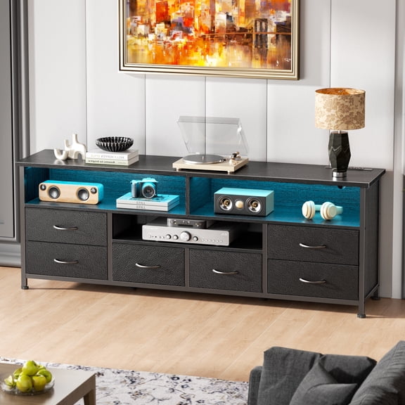 Tydimor Modern TV Stand for TVs up to 55", Media Console with 6 Drawers for Living Room, Entertainment Center with LED lights and Power Outlets, Black