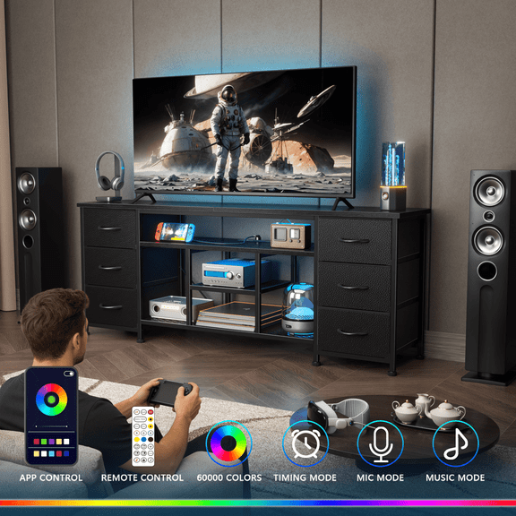 Tydimor Modern TV Stand for TVs up to 60", LED Entertainment Center with Power Outlets and 6 Drawers, Media Console with Storage for Living Room, Black