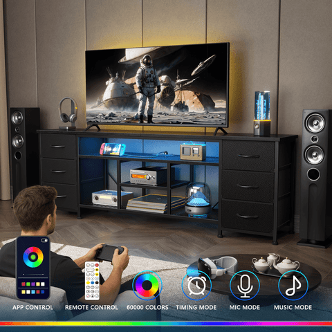 Tydimor Modern TV Stand for 65-70 inch TVs, LED Entertainment Center with Power Outlets and 6 Drawers, Media Console with Storage for Living Room, Black