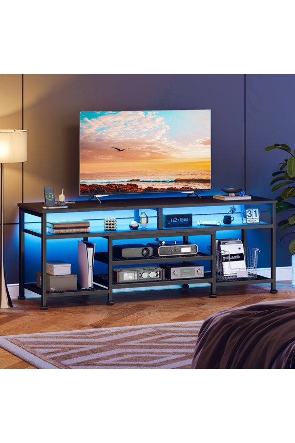 Modern TV Stand for TVs up to 70", Media Console with Storage for Living Room, LED Entertainment Center with Outlets, Black