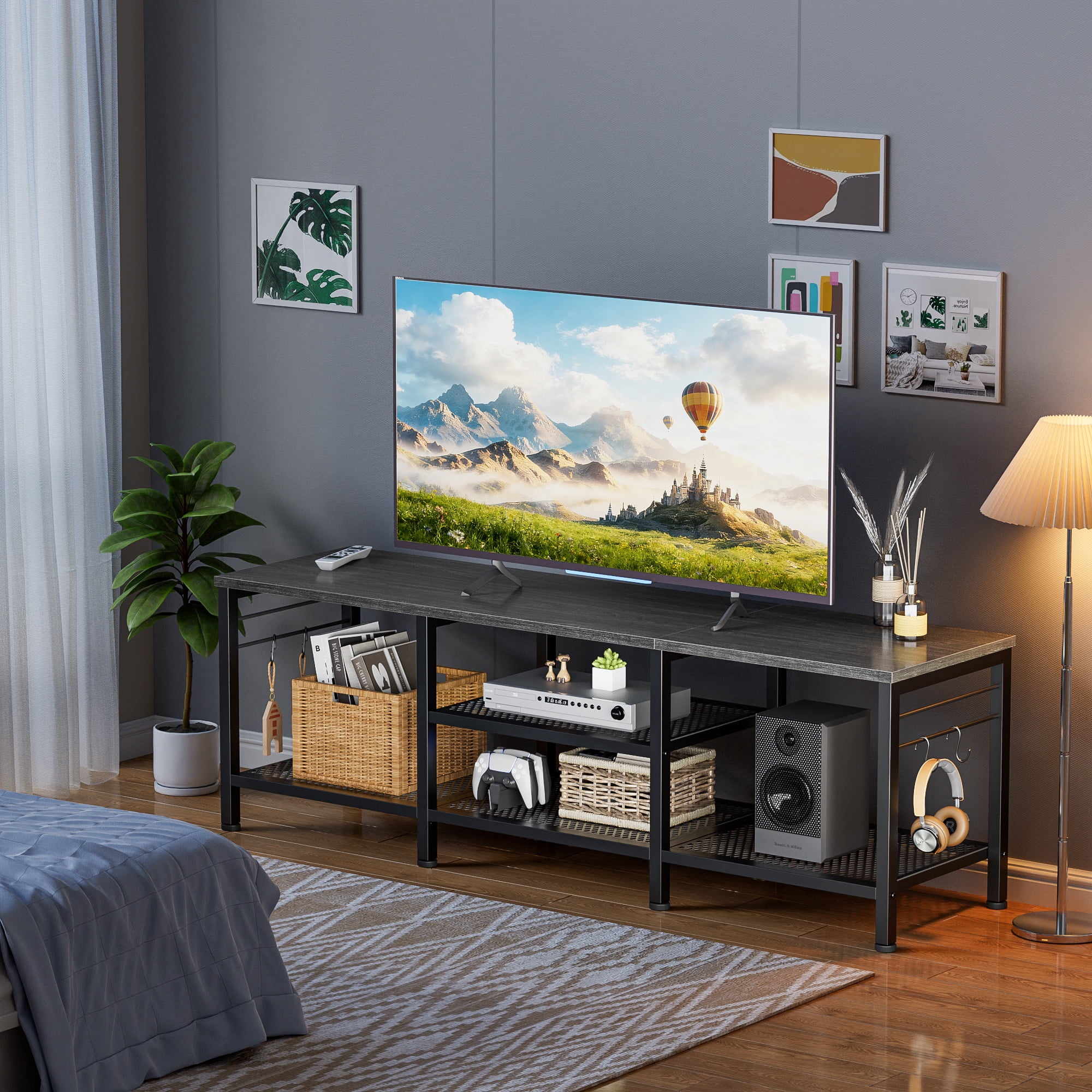 Tydimor Modern TV Stand for TVs up to 70" TVs, Media Console Table for Living Room, Entertainment Center with Storage, Light Black Oak