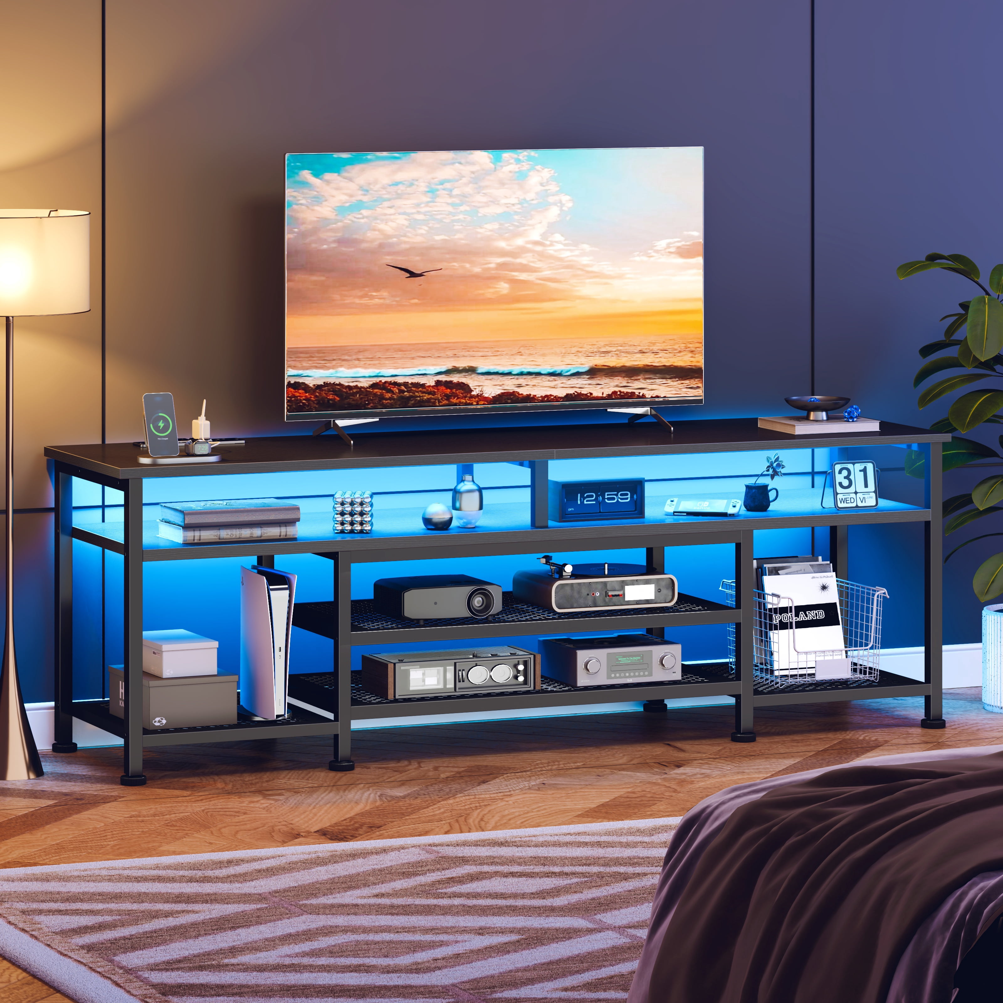 Tydimor Modern TV Stand for 75-80 inch TV, Media Console with Storage for Living Room, LED Entertainment Center with Outlets, Black