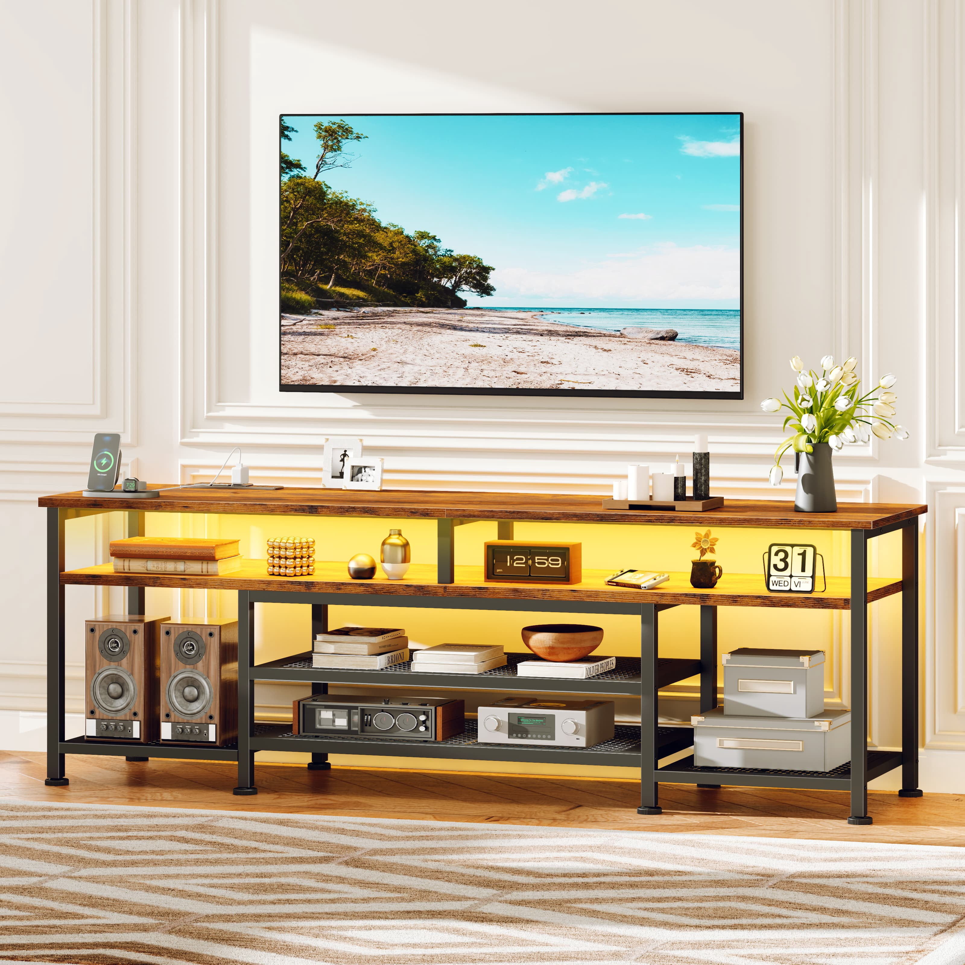 Tydimor Modern TV Stand for 75-80 inch TV, Media Console with Storage for Living Room, LED Entertainment Center with Outlets, Rustic Brown