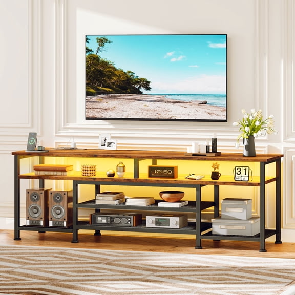 Tydimor Modern TV Stand for 75-80 inch TV, Media Console with Storage for Living Room, LED Entertainment Center with Outlets, Rustic Brown