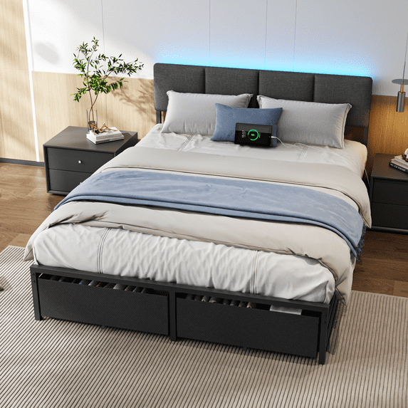 Tydimor Queen Upholstered Sturdy Metal Bed Frame with LED Lights, 2 Storage Drawers & Charging Station