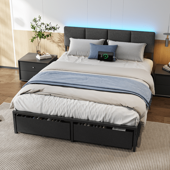 Tydimor Queen Upholstered Sturdy Metal Bed Frame with LED Lights, 2 Storage Drawers & Charging Station